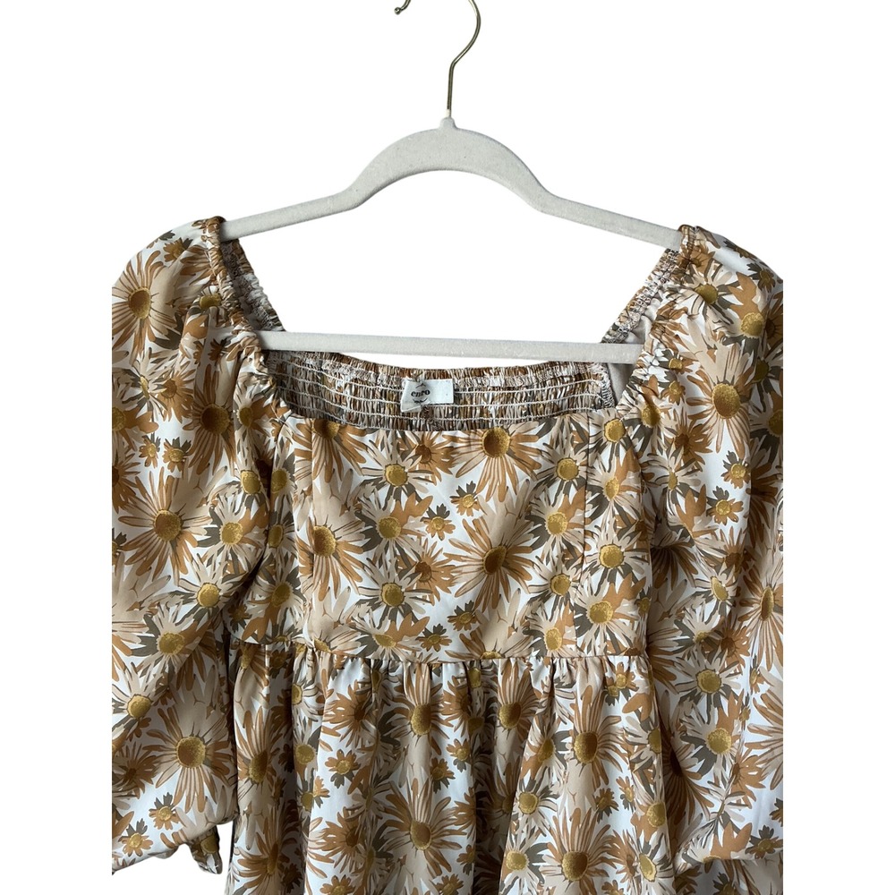 Entro Mustard Yellow Daisy Floral Smocked Back Puff Sleeve Babydoll Top Small - Picture 4 of 10